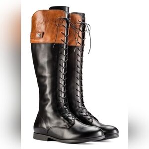 Elegant Black and Brown Lace-Up Riding Boots